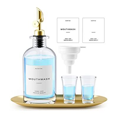 Moryimi Mundspülspender, 16 oz Glas Mundwasser Dekanter für Badezimmer, Mundspülbehälter Mundspülflasche mit Ausgießer, wiederverwendbares Mundspülspender-Set mit Tassen, goldenem Tablett und Trichter Moryimi Mundspülspender, 16 oz Glas Mundwasser Dekanter für Badezimmer, Mundspülbehälter Mundspülflasche mit Ausgießer, wiederverwendbares Mundspülspender-Set mit Tassen, goldenem Tablett und Trichter