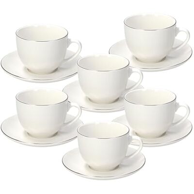 Tognana Platinum Band, Pack of 6 Tea Cups and Saucers, Porcelain, White Tognana Platinum Band, Pack of 6 Tea Cups and Saucers, Porcelain, White