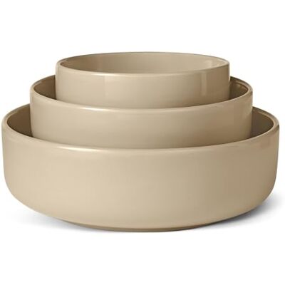 Amazon Basics Glasierte Steinzeug-Servierschalen, 3-Teiliges Set, Spülmaschinenfest, Leinengrau Amazon Basics Glasierte Steinzeug-Servierschalen, 3-Teiliges Set, Spülmaschinenfest, Leinengrau