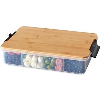 Farberware Build Snacklebox Serviertablett mit verschließbarem Bambus-Schneidebrett-Deckel, tragbarer Aufbewahrungsbehälter mit Fächern für Wurstwaren und mehr, natürlich, Schwarz Farberware Build Snacklebox Serviertablett mit verschließbarem Bambus-Schneidebrett-Deckel, tragbarer Aufbewahrungsbehälter mit Fächern für Wurstwaren und mehr, natürlich, Schwarz