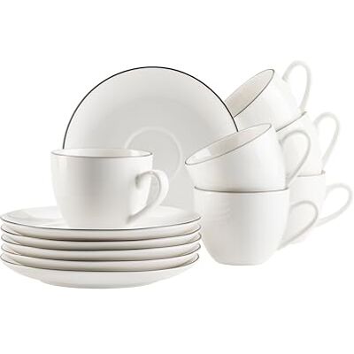 MÄSER Serie Felise, Espressotassen Set 12-teilig aus Porzellan – 6 Tassen & 6 Untertassen – Weiß mit schwarzem Rand MÄSER Serie Felise, Espressotassen Set 12-teilig aus Porzellan – 6 Tassen & 6 Untertassen – Weiß mit schwarzem Rand