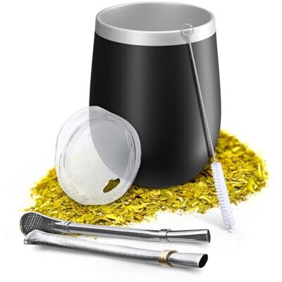 Aquafloow Doppelwandige Yerba Mate Tasse 350 ml + 2 Stücke Stahlstrohhalme, Yerba Mate Becher BPA-Freien Decke, Tee Set aus Rostfreiem Edelstahl für Mate, Yerba Schwarz Aquafloow Doppelwandige Yerba Mate Tasse 350 ml + 2 Stücke Stahlstrohhalme, Yerba Mate Becher BPA-Freien Decke, Tee Set aus Rostfreiem Edelstahl für Mate, Yerba Schwarz