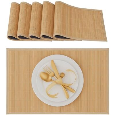 Relaxdays Tischset, 6er Set, Bambus, Stoffrand, rutschhemmend, 45 x 30 cm, Teller, Esstisch, eckiges Platzset, natur Relaxdays Tischset, 6er Set, Bambus, Stoffrand, rutschhemmend, 45 x 30 cm, Teller, Esstisch, eckiges Platzset, natur