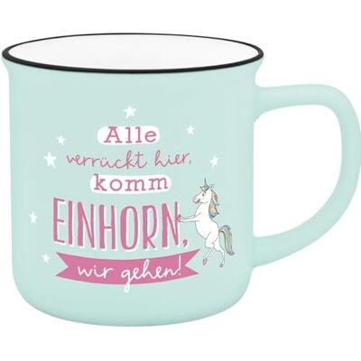 GRUSS & CO Becher in Emailloptik " Alle verrückt hier, komm Einhorn wir gehen. GRUSS & CO Becher in Emailloptik " Alle verrückt hier, komm Einhorn wir gehen.