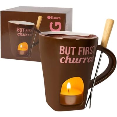 FISURA Fondue Tasse für Schokolade und Käse, braune Keramiktasse 140 ml mit Gabel, originelle Geschenkidee mit Aufschrift “but first churros”, kreative Fondue Schale für Genießer FISURA Fondue Tasse für Schokolade und Käse, braune Keramiktasse 140 ml mit Gabel, originelle Geschenkidee mit Aufschrift “but first churros”, kreative Fondue Schale für Genießer