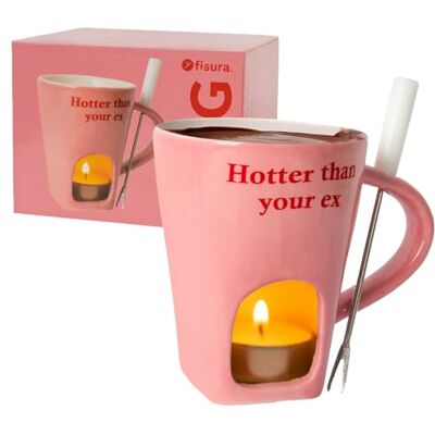 FISURA Fondue Tasse für Schokolade und Käse, rosa Keramiktasse 140 ml mit Gabel, originelles Geschenk mit Aufschrift “hotter”, kreative Fondue Schale zum stilvollen Dessertgenuss FISURA Fondue Tasse für Schokolade und Käse, rosa Keramiktasse 140 ml mit Gabel, originelles Geschenk mit Aufschrift “hotter”, kreative Fondue Schale zum stilvollen Dessertgenuss