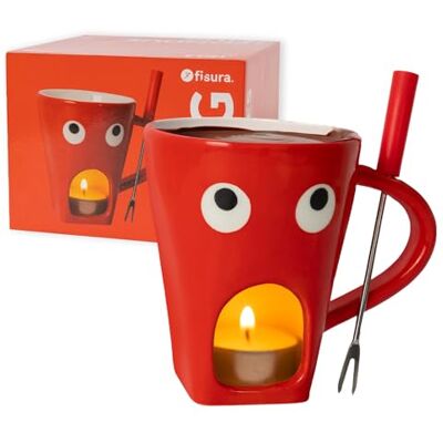 FISURA Fondue Tasse für Schokolade und Käse, rote Keramiktasse 140 ml mit Gabel, originelle Geschenkidee mit Augenmuster, dekorative Fondue Schale für Naschkatzen und Feinschmecker FISURA Fondue Tasse für Schokolade und Käse, rote Keramiktasse 140 ml mit Gabel, originelle Geschenkidee mit Augenmuster, dekorative Fondue Schale für Naschkatzen und Feinschmecker