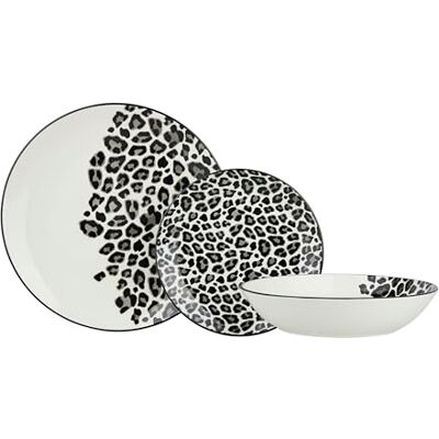 Delys-By-Verceral Delys 546151 Tafelservice aus Porzellan, 18-teilig, für 6 Personen, flache Teller, Suppenteller, Dessertteller, Farbe: Schwarz, Motiv Leopard Delys-By-Verceral Delys 546151 Tafelservice aus Porzellan, 18-teilig, für 6 Personen, flache Teller, Suppenteller, Dessertteller, Farbe: Schwarz, Motiv Leopard