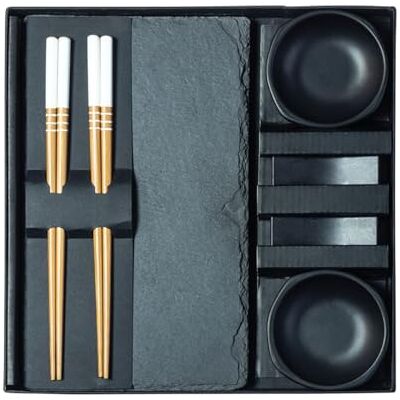 JADE TEMPLE Sushi Set für zwei Personen Schieferplatte, Schüssel, Bank, Essstäbchen, Schwarz JADE TEMPLE Sushi Set für zwei Personen Schieferplatte, Schüssel, Bank, Essstäbchen, Schwarz