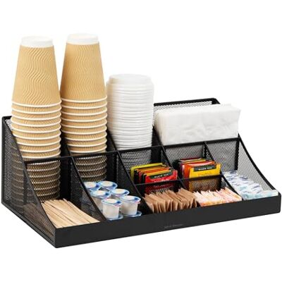 Mind Reader Network Collection, 11-Compartment Coffee Cup and Condiment Countertop Organizer, Metal Mesh, 17.875" L x 9.5" W x 6.625" H, Black Mind Reader Network Collection, 11-Compartment Coffee Cup and Condiment Countertop Organizer, Metal Mesh, 17.875" L x 9.5" W x 6.625" H, Black