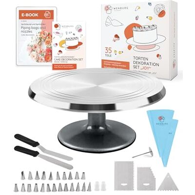 Wenburg Tortenplatte Drehbar aus Aluminiumlegierung 35-tlg. Tortendeko Set Drehbare Tortenplatte mit Zubehör Spritzbeutel, Spritztüllen, E-Book & mehr I Torten Drehteller I Tortenständer Wenburg Tortenplatte Drehbar aus Aluminiumlegierung 35-tlg. Tortendeko Set Drehbare Tortenplatte mit Zubehör Spritzbeutel, Spritztüllen, E-Book & mehr I Torten Drehteller I Tortenständer