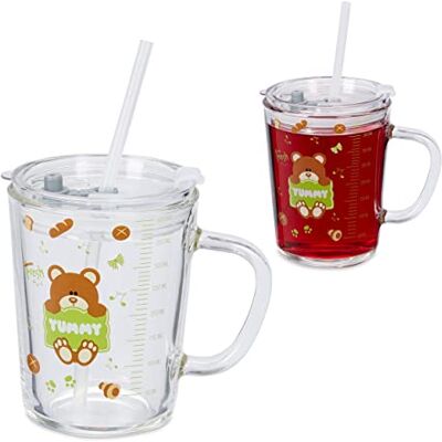 Relaxdays Kindergläser 2er Set, Bären-Motiv, Trinkglas Kinder, mit Henkel, Deckel & Strohhalm, 400 ml Skala, transparent Relaxdays Kindergläser 2er Set, Bären-Motiv, Trinkglas Kinder, mit Henkel, Deckel & Strohhalm, 400 ml Skala, transparent