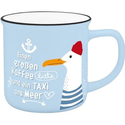 Sheepworld Becher in Emmailoptik "Einen großen Kaffee bitte und ein Taxi zum Meer", 35 cl Sheepworld Becher in Emmailoptik "Einen großen Kaffee bitte und ein Taxi zum Meer", 35 cl