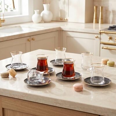 KARACA Retro Anthrazit Teeset für 6 Personen Teeservice, Türkische Teegläser mit untertasse, Cay Bardagi Set, Türkischer Tee, Glas, Cay Seti, Teeteller, Tea KARACA Retro Anthrazit Teeset für 6 Personen Teeservice, Türkische Teegläser mit untertasse, Cay Bardagi Set, Türkischer Tee, Glas, Cay Seti, Teeteller, Tea
