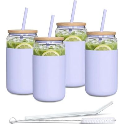Aquafloow Trinkglas mit Strohhalm und Deckel 500ml Gläser mit Silikonhülle Trinkgläser set inclus 2x Strohhalme und 1x Reinigungsstab für Tee, Smoothie Kaffee-4 Stück- Violett Aquafloow Trinkglas mit Strohhalm und Deckel 500ml Gläser mit Silikonhülle Trinkgläser set inclus 2x Strohhalme und 1x Reinigungsstab für Tee, Smoothie Kaffee-4 Stück- Violett
