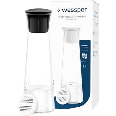 Wessper Glas Wasserfilter Karaffe, 1 Liter, Wasserkaraffe mit Micro Disc Wasserfilter, Glaskaraffe mit Deckel, für Filtern von Wasser und Kalte Getränke, BPA-FREI – Schwarz Wessper Glas Wasserfilter Karaffe, 1 Liter, Wasserkaraffe mit Micro Disc Wasserfilter, Glaskaraffe mit Deckel, für Filtern von Wasser und Kalte Getränke, BPA-FREI – Schwarz