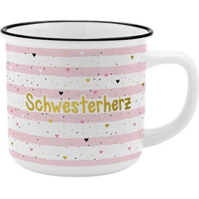 GRUSS & CO Becher Motiv "Schwesterherz" New Bone China Porzellan, Emaille-Optik, 35 cl Geschenk Schwester 46978 GRUSS & CO Becher Motiv "Schwesterherz" New Bone China Porzellan, Emaille-Optik, 35 cl Geschenk Schwester 46978