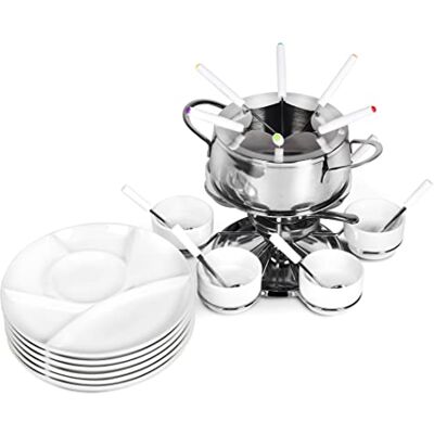Ribelli Fondue Set 28-teilig Edelstahl 6X Gabel, Löffel, Teller, Schälchen Käsefondue Fleischfondue 6 Personen Ribelli Fondue Set 28-teilig Edelstahl 6X Gabel, Löffel, Teller, Schälchen Käsefondue Fleischfondue 6 Personen