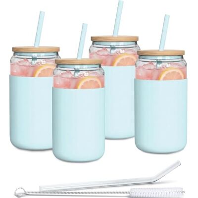 Aquafloow Trinkglas mit Strohhalm und Deckel 500ml Gläser mit Silikonhülle Trinkgläser set inclus 2x Strohhalme und 1x Reinigungsstab für Tee, Smoothie Kaffee-4 Stück- Hellblau Aquafloow Trinkglas mit Strohhalm und Deckel 500ml Gläser mit Silikonhülle Trinkgläser set inclus 2x Strohhalme und 1x Reinigungsstab für Tee, Smoothie Kaffee-4 Stück- Hellblau