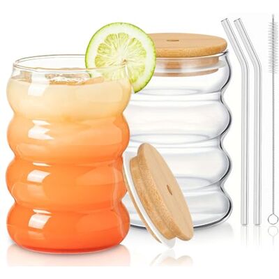 Woobroo 350ML Gerippte Gläser Set of 2 mit Glasstrohhalmen, Bubble Gläser, Wellenförmige Wassergläser – Universalgläser für Wasser, Saft, Bier und mehr Woobroo 350ML Gerippte Gläser Set of 2 mit Glasstrohhalmen, Bubble Gläser, Wellenförmige Wassergläser – Universalgläser für Wasser, Saft, Bier und mehr