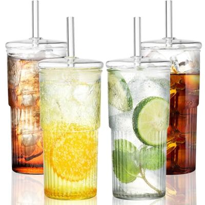 Woobroo Glasbecher mit Deckel und Strohhalm,4 Stück 600ml/20Oz Trinkbecher Iced Coffee Glas Smoothie Becher Eiskaffee Becher für Milch, Eiswasser, Saft, Kaffee, Soda, Cocktail, kalte oder heiße Getränke Woobroo Glasbecher mit Deckel und Strohhalm,4 Stück 600ml/20Oz Trinkbecher Iced Coffee Glas Smoothie Becher Eiskaffee Becher für Milch, Eiswasser, Saft, Kaffee, Soda, Cocktail, kalte oder heiße Getränke