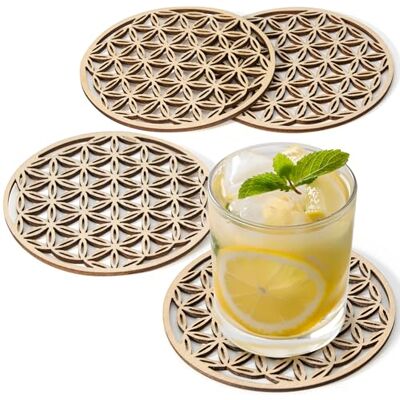 Cheerhom Untersetzer Holz, 4 Stück Blume des Lebens Untersetzer Gläser für Getränke, Bar, Tassen, Glas, 10 cm Cheerhom Untersetzer Holz, 4 Stück Blume des Lebens Untersetzer Gläser für Getränke, Bar, Tassen, Glas, 10 cm