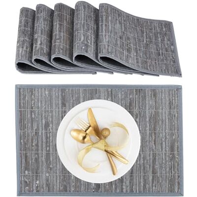 Relaxdays Tischset, 6er Set, Bambus, Stoffrand, rutschhemmend, 45 x 30 cm, Teller, Esstisch, eckiges Platzset, grau Relaxdays Tischset, 6er Set, Bambus, Stoffrand, rutschhemmend, 45 x 30 cm, Teller, Esstisch, eckiges Platzset, grau