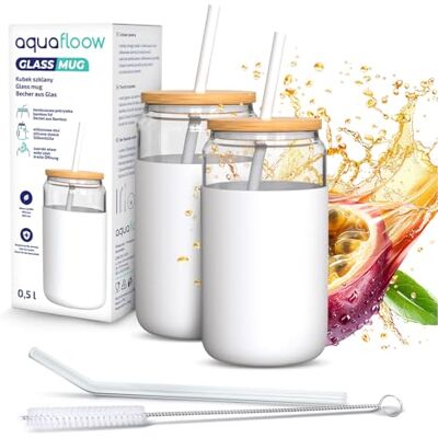 Aquafloow Trinkglas 2 Stück 500 ml mit Silikonhülle und Bambusdeckel – 2 Trinkhalme inklusive (Silikon & Glas), Temperaturbeständig von -20°C bis 150°C Aquafloow Trinkglas 2 Stück 500 ml mit Silikonhülle und Bambusdeckel – 2 Trinkhalme inklusive (Silikon & Glas), Temperaturbeständig von -20°C bis 150°C
