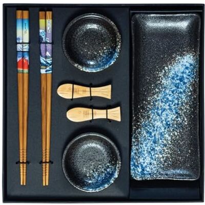 JADE TEMPLE Keramik Sushi Set mit Dippschale und Stäbchen 1 Set, Blau JADE TEMPLE Keramik Sushi Set mit Dippschale und Stäbchen 1 Set, Blau