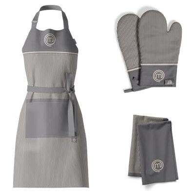 MasterChef 3er Set Geschirrtücher, Küchenschürze und Ofenhandschuhe Hitzebestaendig, Grau 100% Baumwolle mit Aufhängeschlaufen, Waschmaschinenfest, Erde Kolletion MasterChef 3er Set Geschirrtücher, Küchenschürze und Ofenhandschuhe Hitzebestaendig, Grau 100% Baumwolle mit Aufhängeschlaufen, Waschmaschinenfest, Erde Kolletion