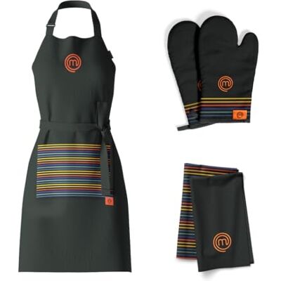 MasterChef 3er Set Geschirrtücher, Küchenschürze und Ofenhandschuhe Hitzebestaendig, Schwarz, 100% Baumwolle mit Aufhängeschlaufen, Waschmaschinenfest, Gestickte Details MasterChef 3er Set Geschirrtücher, Küchenschürze und Ofenhandschuhe Hitzebestaendig, Schwarz, 100% Baumwolle mit Aufhängeschlaufen, Waschmaschinenfest, Gestickte Details