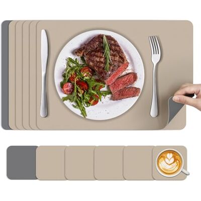 KitchenBoss Platzsets Abwaschbar Platzdeckchen und Untersetzer:6 Set Tischsets Abwaschbar rutschfest Hitzebeständig Doppelseitigen Tischset (Dunkelgrau und Aprikose),43x30cm KitchenBoss Platzsets Abwaschbar Platzdeckchen und Untersetzer:6 Set Tischsets Abwaschbar rutschfest Hitzebeständig Doppelseitigen Tischset (Dunkelgrau und Aprikose),43x30cm