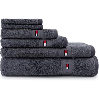 Tommy Hilfiger Duschtuch, Steel (Dunkelgrau), Frottee, 520 g/m², 100% gekämmte Baumwolle, Jacquardborte und Stickerei, weich und saugfähig, 70 x 140 cm Tommy Hilfiger Duschtuch, Steel (Dunkelgrau), Frottee, 520 g/m², 100% gekämmte Baumwolle, Jacquardborte und Stickerei, weich und saugfähig, 70 x 140 cm