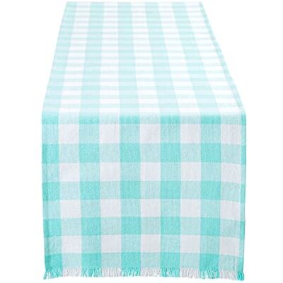 DII Schwere, Fransen-Kollektion Karierte Tischplatte, Baumwolle, Aqua, Table Runner, 14x72 DII Schwere, Fransen-Kollektion Karierte Tischplatte, Baumwolle, Aqua, Table Runner, 14x72