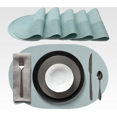 Agyo Set mit 6 ovalen Tischsets, geflochten, 44 × 29,5 cm, aus Polypropylen, Ozeanblau, rutschfest, waschbar, rollbar, Elegante Dekoration für Tisch, Küche und Outdoor Agyo Set mit 6 ovalen Tischsets, geflochten, 44 × 29,5 cm, aus Polypropylen, Ozeanblau, rutschfest, waschbar, rollbar, Elegante Dekoration für Tisch, Küche und Outdoor