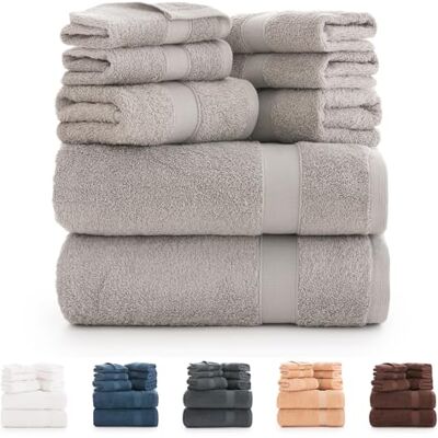 Todocama Badetücher-Set aus 100% Baumwolle (550 g/m²), extra weich, hohe Saugfähigkeit und schnell trocknend, 2 Badetücher, 2 Handtücher und 4 Gesichtstücher (hellgrau) Todocama Badetücher-Set aus 100% Baumwolle (550 g/m²), extra weich, hohe Saugfähigkeit und schnell trocknend, 2 Badetücher, 2 Handtücher und 4 Gesichtstücher (hellgrau)