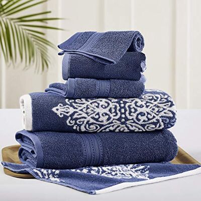 Modern Threads Amrapur Overseas Artesia Damast 6-teiliges wendbares Garn gefärbtes Jacquard Handtuch-Set (Indigo) Modern Threads Amrapur Overseas Artesia Damast 6-teiliges wendbares Garn gefärbtes Jacquard Handtuch-Set (Indigo)