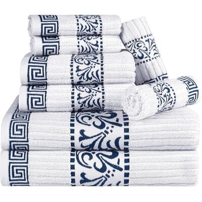 Superior 8-teiliges Baumwoll-Handtuch-Set, sehr saugfähig, Plüsch, dekorativ, böhmisch, griechischer Schlüsselbesatz, Jacquard-Dobby-Bordüre, Gesichtstücher 33 x 33 cm, Handtücher 40,6 x 76,2 cm, Superior 8-teiliges Baumwoll-Handtuch-Set, sehr saugfähig, Plüsch, dekorativ, böhmisch, griechischer Schlüsselbesatz, Jacquard-Dobby-Bordüre, Gesichtstücher 33 x 33 cm, Handtücher 40,6 x 76,2 cm,