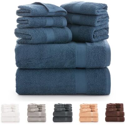 Todocama Badetücher-Set aus 100% Baumwolle (550 g/m²), extra weich, hohe Saugfähigkeit und schnell trocknend, 2 Badetücher, 2 Handtücher und 4 Gesichtstücher (Marineblau) Todocama Badetücher-Set aus 100% Baumwolle (550 g/m²), extra weich, hohe Saugfähigkeit und schnell trocknend, 2 Badetücher, 2 Handtücher und 4 Gesichtstücher (Marineblau)