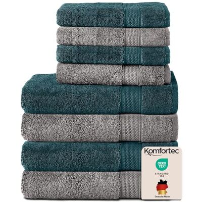 Komfortec 8er Handtücher Set, 4 Badetücher 70x140 cm & 4 Handtücher 50x100 cm, 100% Baumwolle Frottee, Flauschig und Saugstark,Anthrazitt Grau/Petrol Komfortec 8er Handtücher Set, 4 Badetücher 70x140 cm & 4 Handtücher 50x100 cm, 100% Baumwolle Frottee, Flauschig und Saugstark,Anthrazitt Grau/Petrol