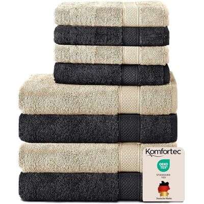 Komfortec 8er Handtücher Set, 4 Badetücher 70x140 cm & 4 Handtücher 50x100 cm, 100% Baumwolle Frottee, Flauschig und Saugstark,Schwarz/Beige Komfortec 8er Handtücher Set, 4 Badetücher 70x140 cm & 4 Handtücher 50x100 cm, 100% Baumwolle Frottee, Flauschig und Saugstark,Schwarz/Beige