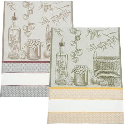 Filet Set mit 2 Küchentüchern aus Jacquard mit Einsatz aus Aida-Stoff, 55 Löcher zum Sticken, ideal zum Trocknen von Geschirr, hergestellt in Italien, Oliven-Design, Farbe Grün und Seil Filet Set mit 2 Küchentüchern aus Jacquard mit Einsatz aus Aida-Stoff, 55 Löcher zum Sticken, ideal zum Trocknen von Geschirr, hergestellt in Italien, Oliven-Design, Farbe Grün und Seil
