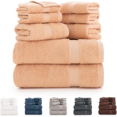 Todocama Badetücher-Set aus 100% Baumwolle (550 g/m²), extra weich, hohe Saugfähigkeit und schnell trocknend, 2 Badetücher, 2 Handtücher und 4 Gesichtstücher, Beige Todocama Badetücher-Set aus 100% Baumwolle (550 g/m²), extra weich, hohe Saugfähigkeit und schnell trocknend, 2 Badetücher, 2 Handtücher und 4 Gesichtstücher, Beige