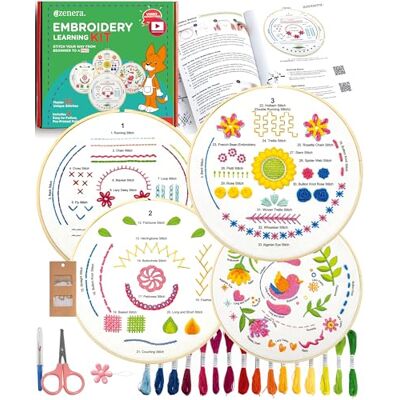 Azenera Stickerei Set für Anfänger – Komplettset mit Videoanleitung, 4 Musterstoffen, Fäden, Bambusreifen & Werkzeug – Sticken Lernen leicht gemacht (AZA100) Azenera Stickerei Set für Anfänger – Komplettset mit Videoanleitung, 4 Musterstoffen, Fäden, Bambusreifen & Werkzeug – Sticken Lernen leicht gemacht (AZA100)