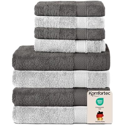 Komfortec 8er Handtücher Set, 4 Badetücher 70x140 cm & 4 Handtücher 50x100 cm, 100% Baumwolle Frottee, Flauschig und Saugstark,Anthrazit/Weiß Komfortec 8er Handtücher Set, 4 Badetücher 70x140 cm & 4 Handtücher 50x100 cm, 100% Baumwolle Frottee, Flauschig und Saugstark,Anthrazit/Weiß