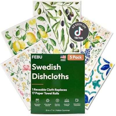 FEBU Schwedische Geschirrtücher für die Küche, 5 Stück, italienischer Sommer, wiederverwendbare Papierhandtücher, waschbar, schwedische Geschirrtücher, kratzfeste Zellulose-Schwammtücher, kein Geruch, FEBU Schwedische Geschirrtücher für die Küche, 5 Stück, italienischer Sommer, wiederverwendbare Papierhandtücher, waschbar, schwedische Geschirrtücher, kratzfeste Zellulose-Schwammtücher, kein Geruch,