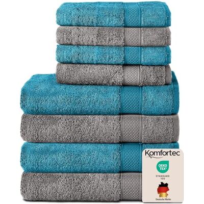 Komfortec 8er Handtücher Set, 4 Badetücher 70x140 cm & 4 Handtücher 50x100 cm, 100% Baumwolle Frottee, Flauschig und Saugstark,Anthrazit/Türkis Komfortec 8er Handtücher Set, 4 Badetücher 70x140 cm & 4 Handtücher 50x100 cm, 100% Baumwolle Frottee, Flauschig und Saugstark,Anthrazit/Türkis