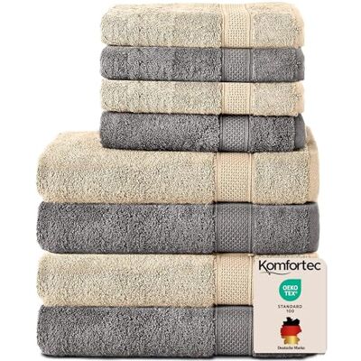 Komfortec 8er Handtücher Set, 4 Badetücher 70x140 cm & 4 Handtücher 50x100 cm, 100% Baumwolle Frottee, Flauschig und Saugstark,Anthrazit/Beige Komfortec 8er Handtücher Set, 4 Badetücher 70x140 cm & 4 Handtücher 50x100 cm, 100% Baumwolle Frottee, Flauschig und Saugstark,Anthrazit/Beige