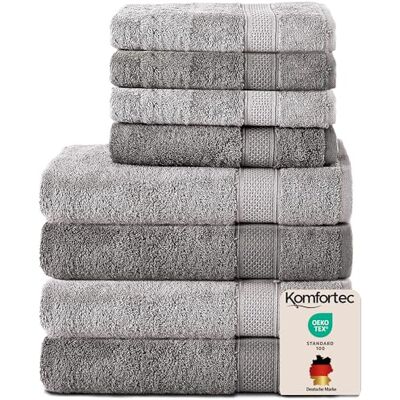Komfortec 8er Handtücher Set, 4 Badetücher 70x140 cm & 4 Handtücher 50x100 cm, 100% Baumwolle Frottee, Flauschig und Saugstark,Anthrazit/Silber Komfortec 8er Handtücher Set, 4 Badetücher 70x140 cm & 4 Handtücher 50x100 cm, 100% Baumwolle Frottee, Flauschig und Saugstark,Anthrazit/Silber