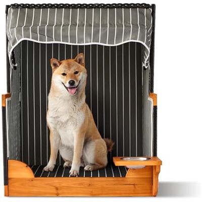 Relaxdays Hundestrandkorb, Rattan, mit Napf, Hundesessel mit Dach, HBT: 95x75x65 cm, für Garten & Terrasse, Holz, grau Relaxdays Hundestrandkorb, Rattan, mit Napf, Hundesessel mit Dach, HBT: 95x75x65 cm, für Garten & Terrasse, Holz, grau
